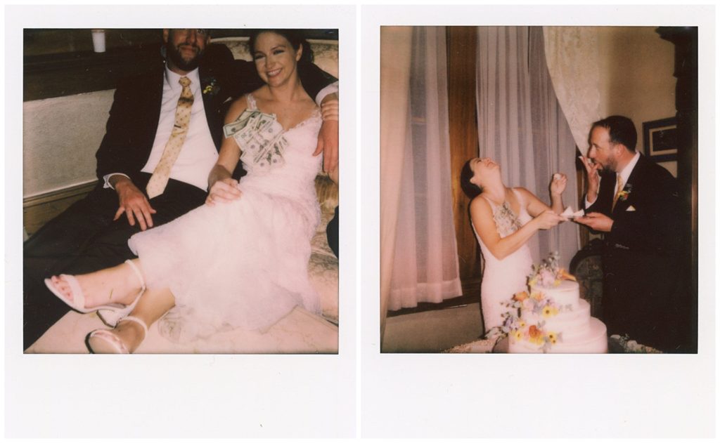 Polaroid wedding photos of a bride and groom at the reception for their Compass Point Events wedding.