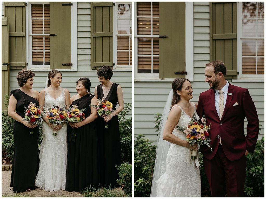 Portraits of the bride with bridesmaids and with the groom at her compass point events wedding