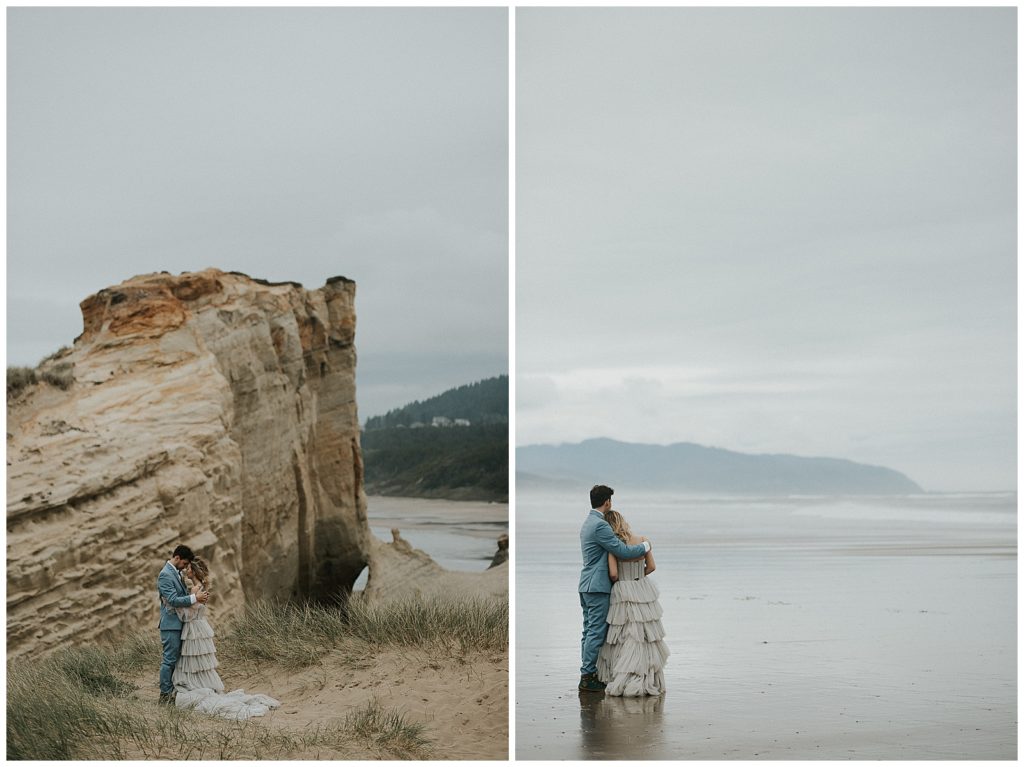 A couple walks along Cape Kiwanda before their wedding on Oregon coast.