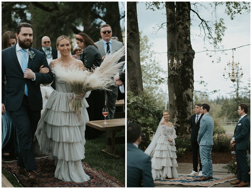 The bride walks up the aisle to meet her groom at the altar at a wedding on Oregon coast