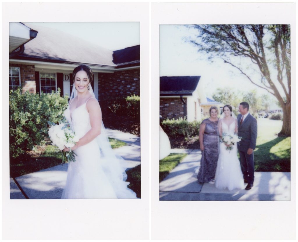 Polaroid wedding photos show a bride posing with her bouquet and her parents in wedding photography on film.