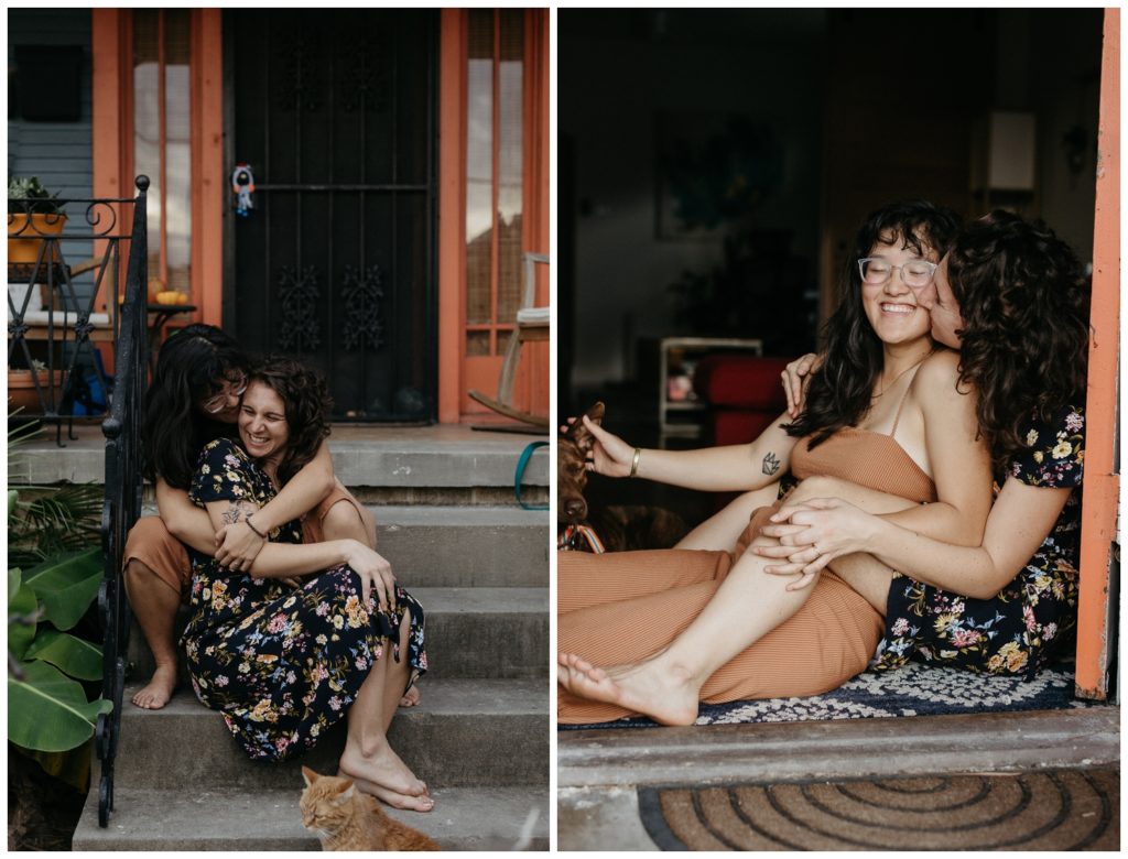 Hannah and Megan cuddle on different parts of the porch in New Orleans engagement photos