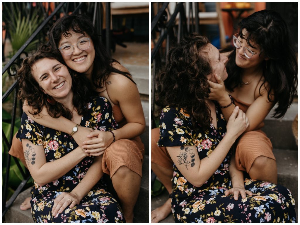 Close up of Hannah and Megan laughing together in their New Orleans engagement photos