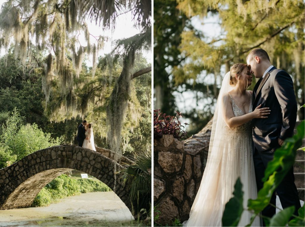 bride and groom on foot bridge at city park in new orleans