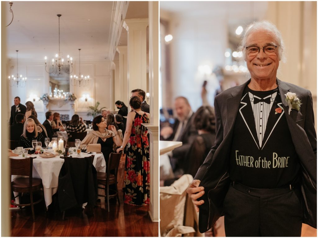 father of the bride wears a vest at the August wedding reception