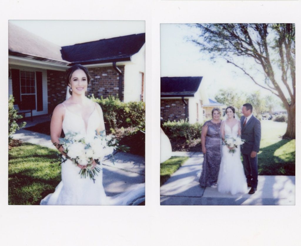 A bride stands in front of her parents' house