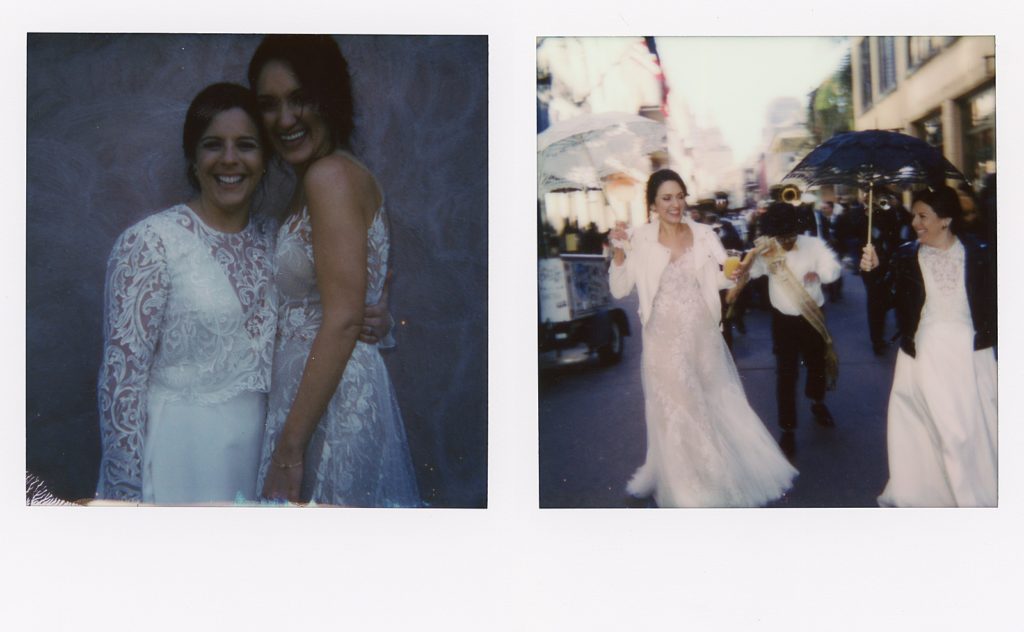 The brides pose in Polaroids.