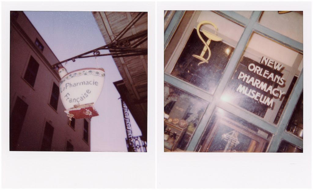 Polaroids show the exterior of the New Orleans Pharmacy Museum