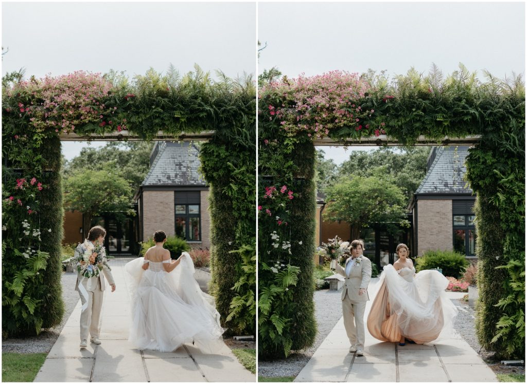 Britt and Em run through a gate at their New Orleans Botanical Garden wedding.