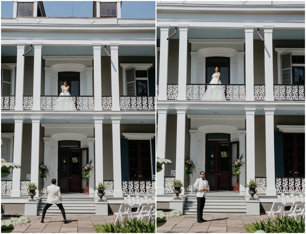 A bride and groom pose on the balcony and front steps of Derbes Mansion.