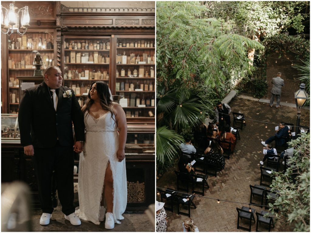 Guests gather in a courtyard for a New Orleans micro wedding.