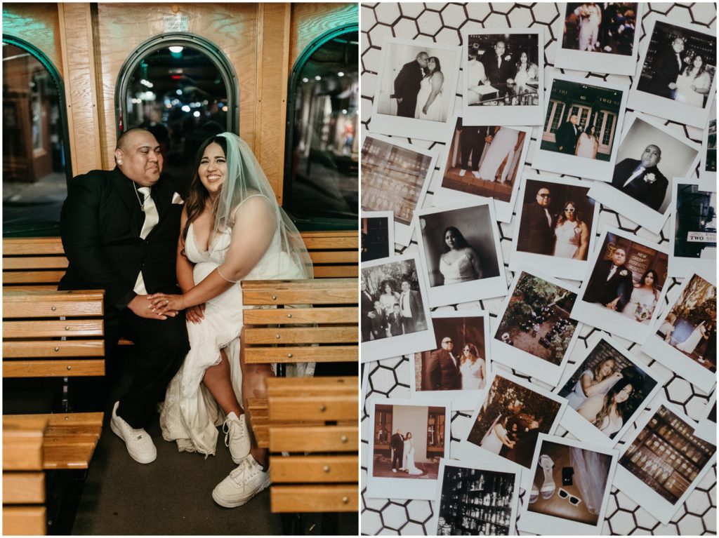 A collection of micro wedding Polaroids sits on a tile table.