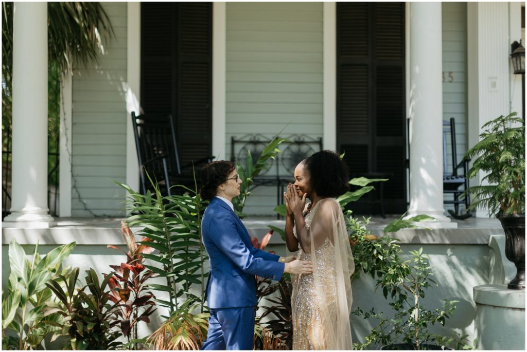 A couple shares a first look for their Degas House wedding.