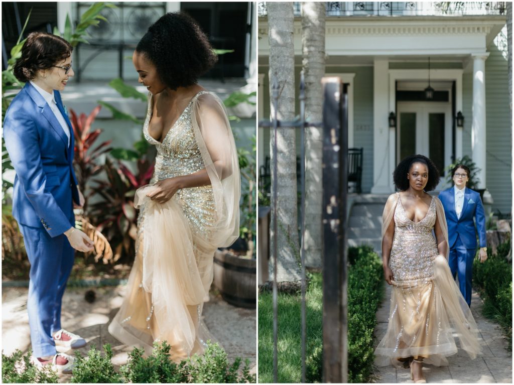 A couple shows each other their dress and suit at their New Orleans wedding.