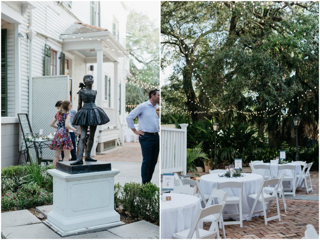 Guests walk past a ballerina statue at the Degas House wedding.