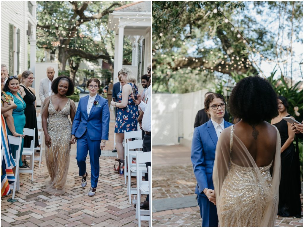 Alex and Isatu walk down the aisle to their Degas House wedding.