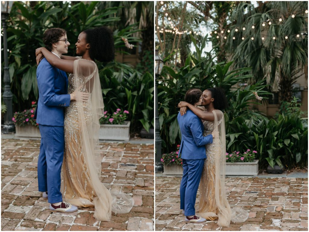 Alex and Isatu share a first dance in the courtyard.