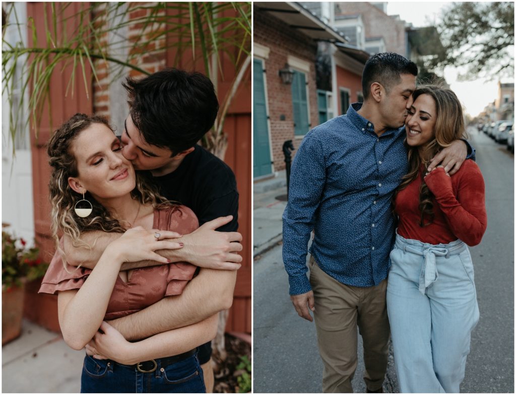 Couples walk around to French Quarter engagement photo locations.