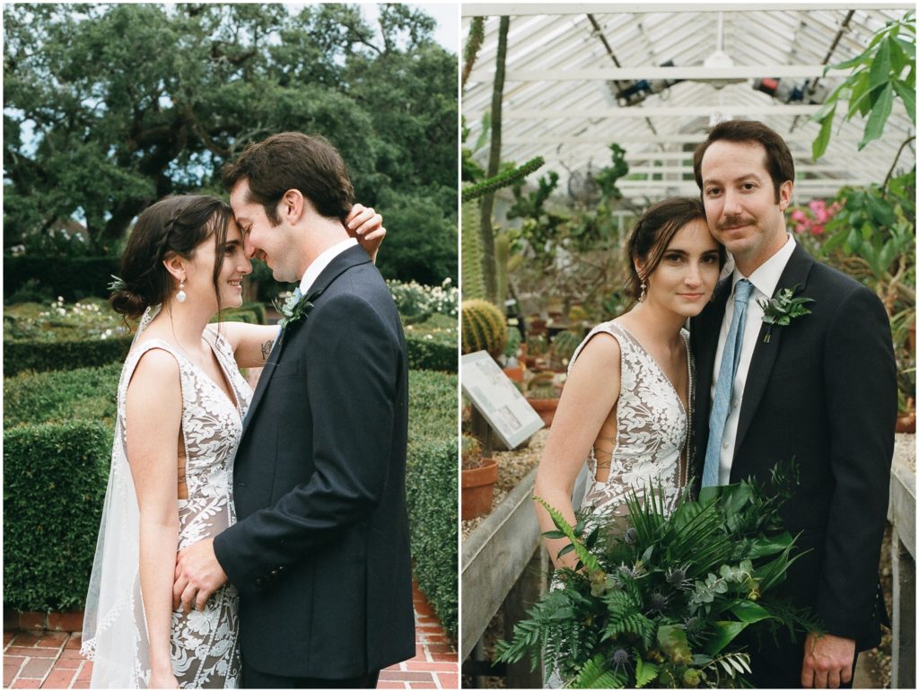 Michael and Marissa pose for wedding portraits in New Orleans Botanical Garden.