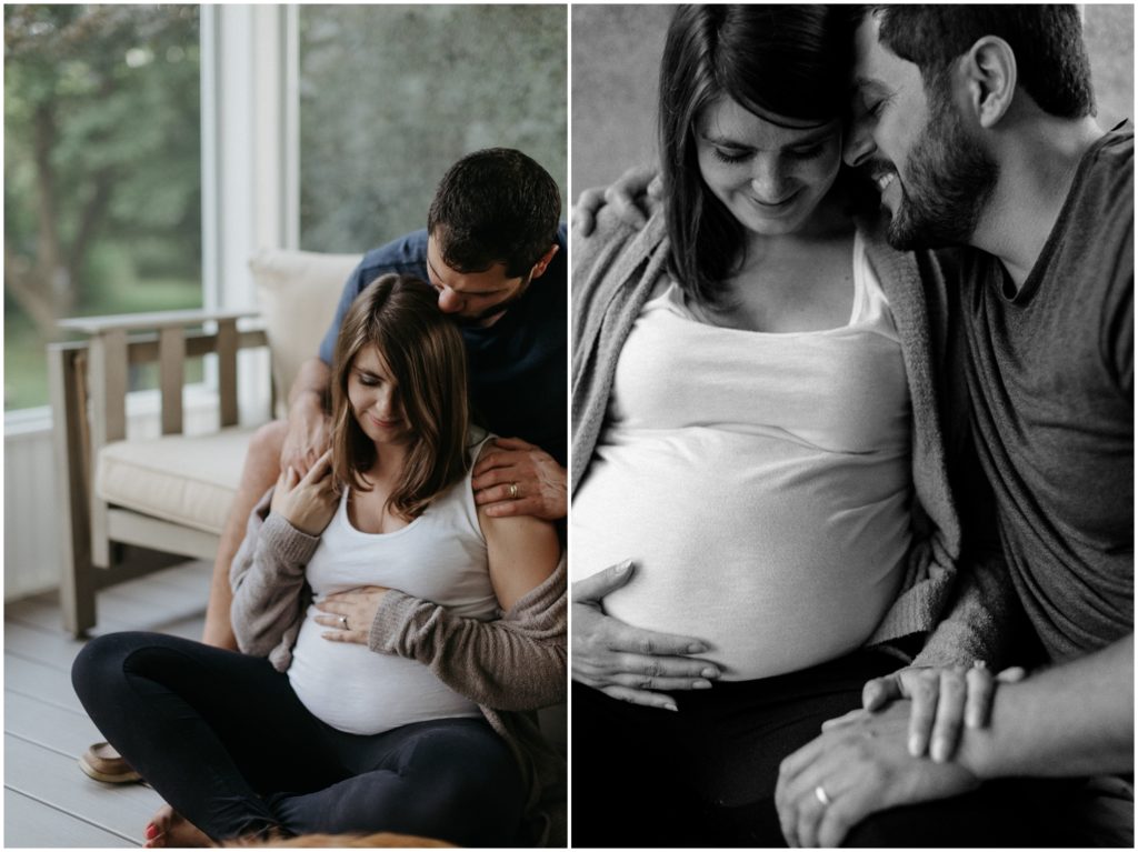 A couple sits on their porch for maternity photos.