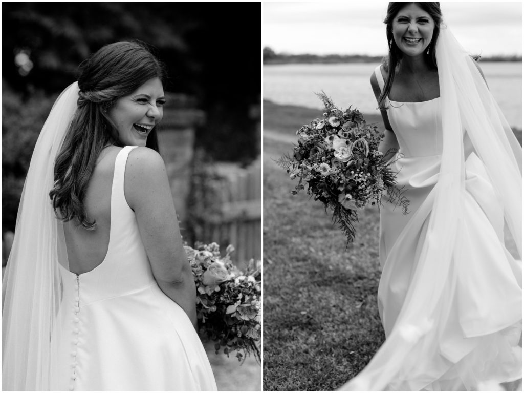 Analeah looks over her shoulder and smiles in her vintage style wedding dress at Rip Van Winkle Gardens.