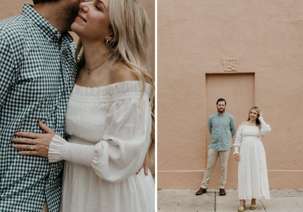 Patty kisses John on the cheek in their French Quarter engagement photo.