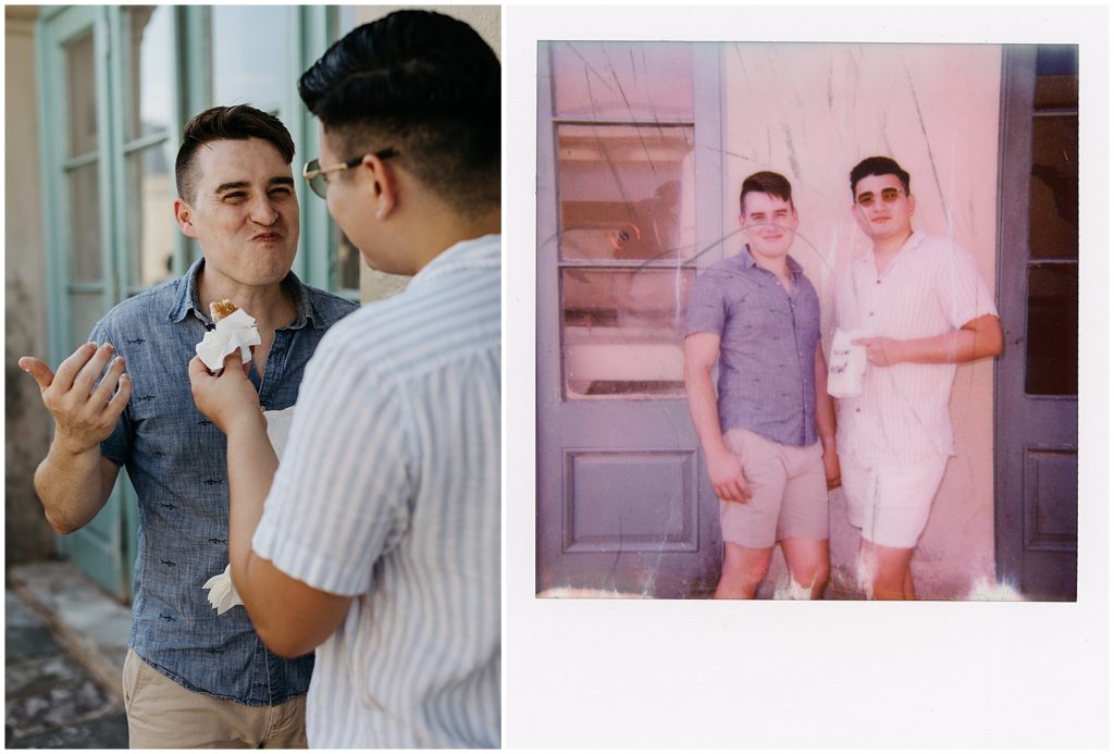 Caleb and Enrique lean against a wall in a Polaroid French Quarter engagement photo.
