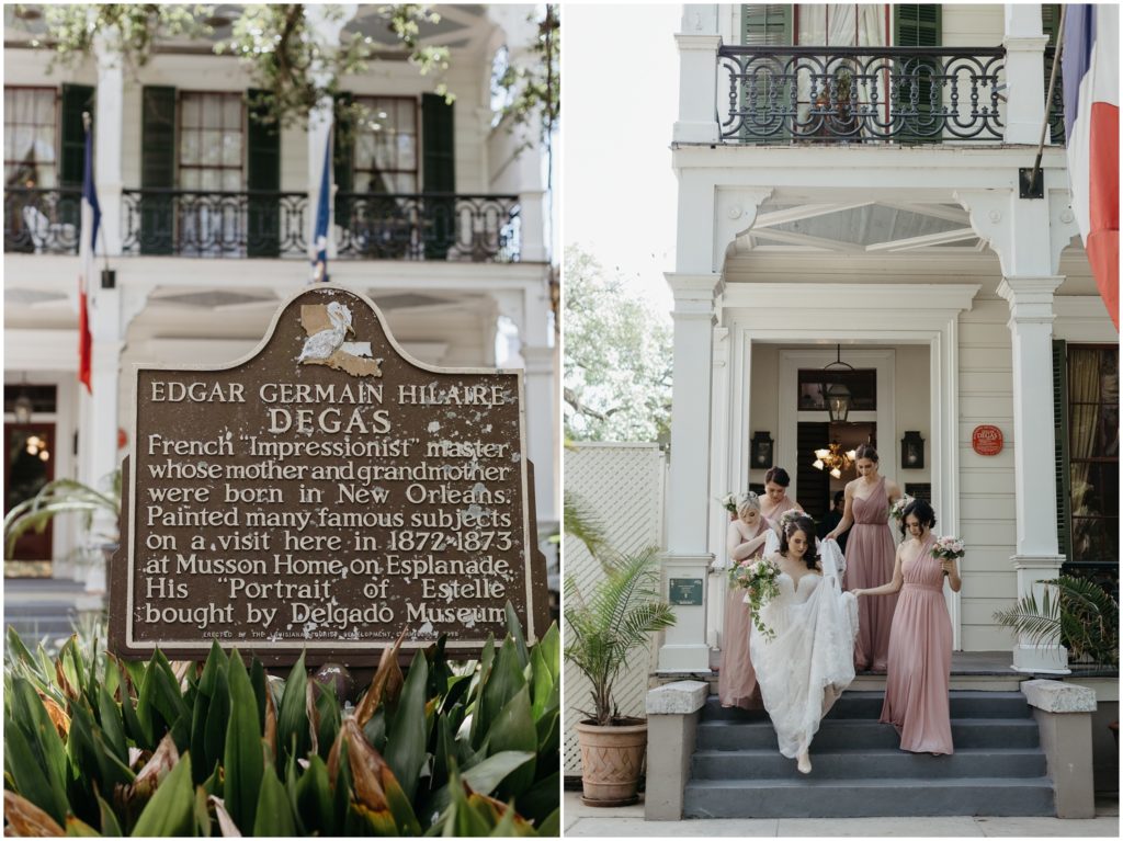 A bride walks down the steps of Degas House at a New Orleans destination wedding.