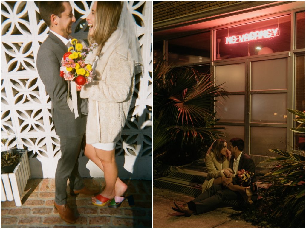 A couple sits outside a hotel after their New Orleans destination wedding.