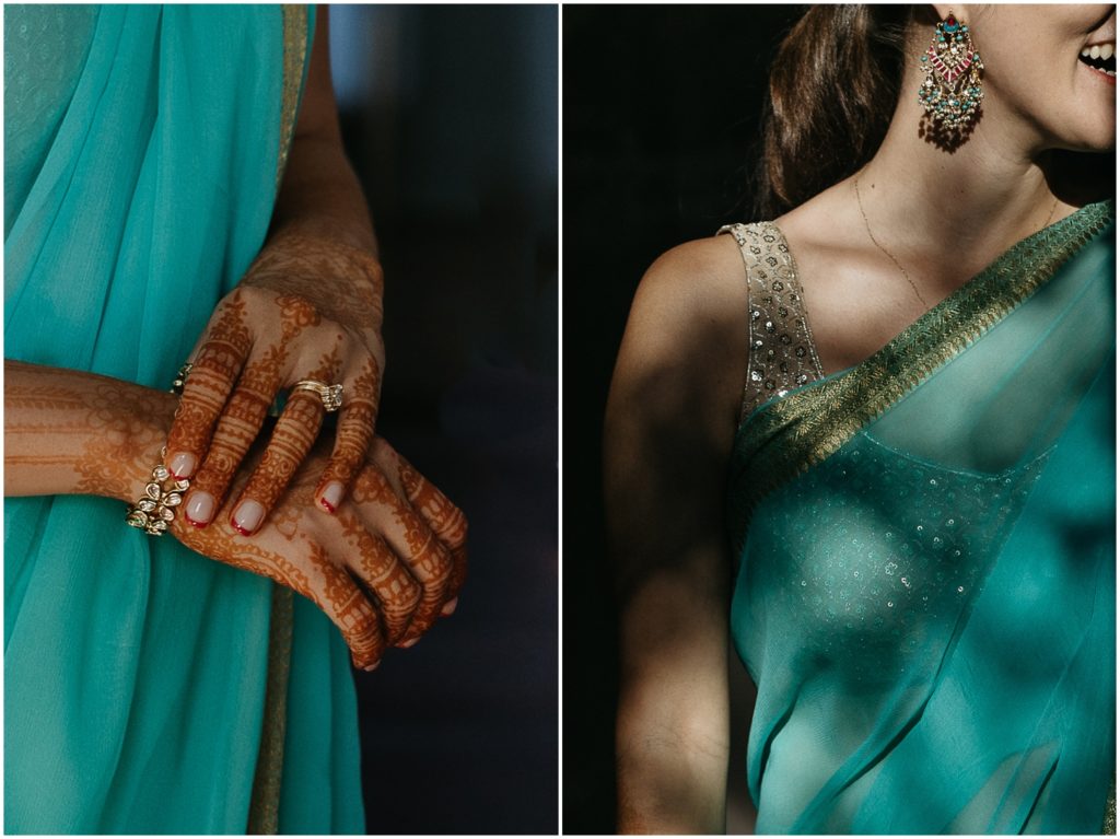A tree casts shadows on Tiffany's blue sari as she looks to the side.