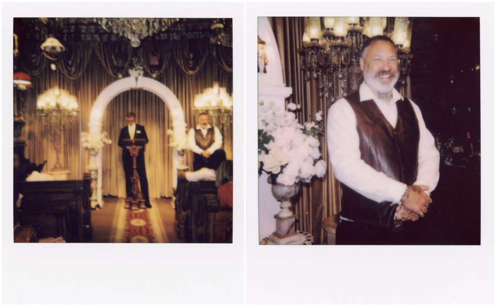Polaroid wedding photos show a groom waiting at the altar.