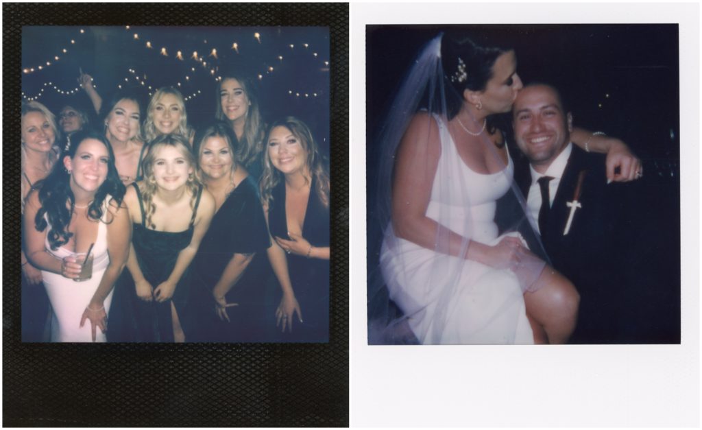 Alex's bridesmaids gather around her for a Polaroid.