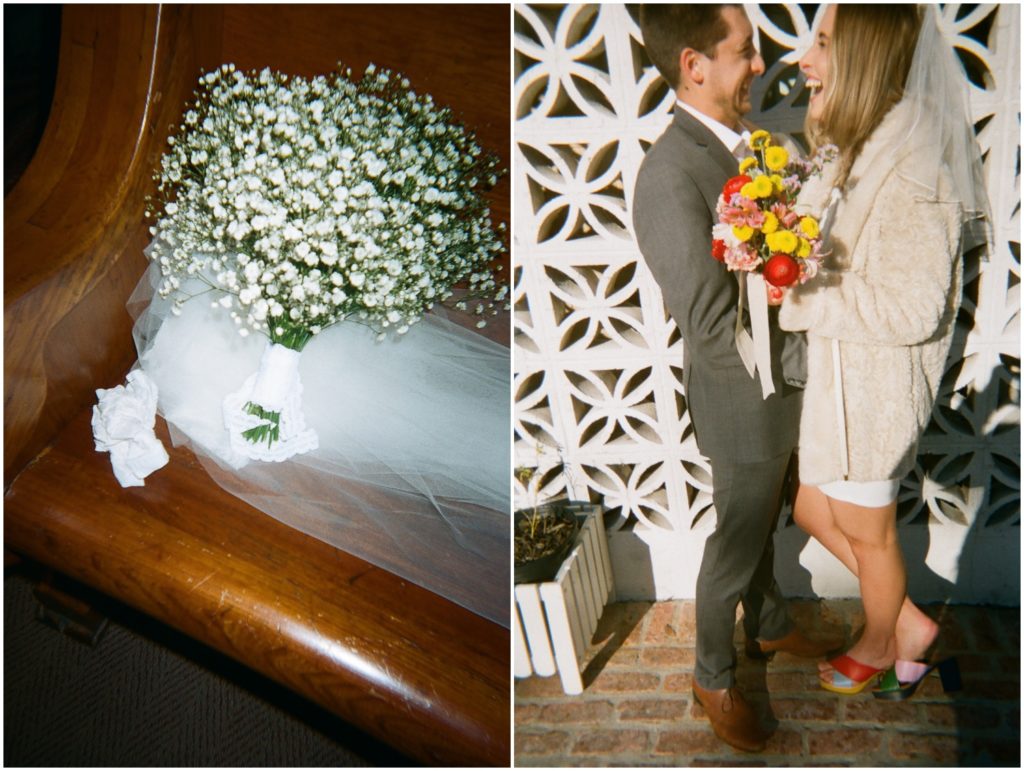 A bouquet of baby's breath sits on a church pew during an elopement in New Orleans.