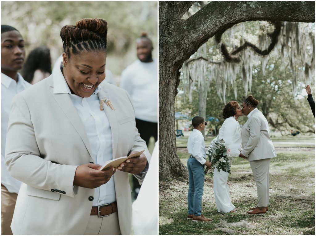 A woman reads her vows at a City Park elopement.