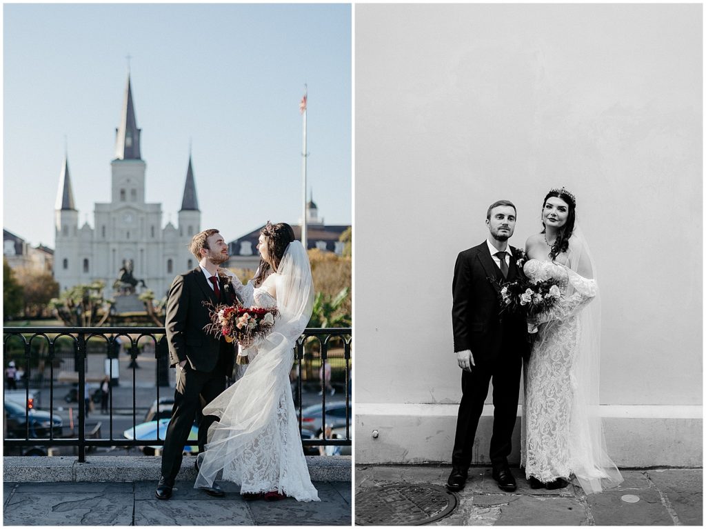 A bride and groom stand on the levee with Saint Louis Cathedral behind them.
