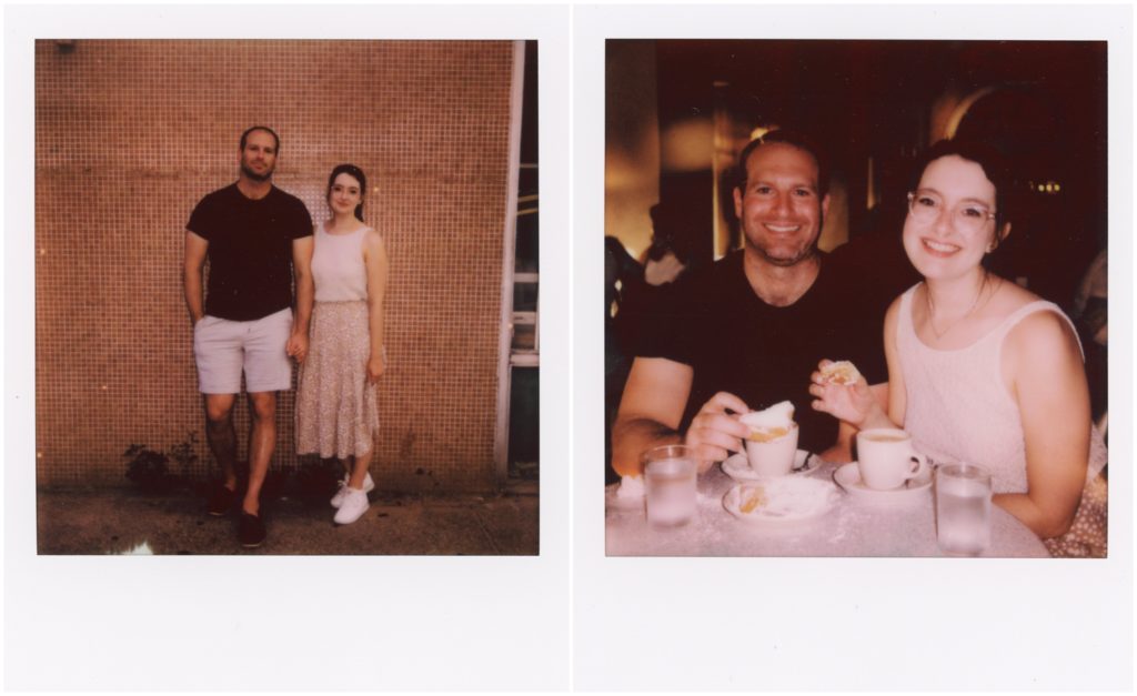 Polaroid photos show Lauren and Eric leaning against a brown wall.