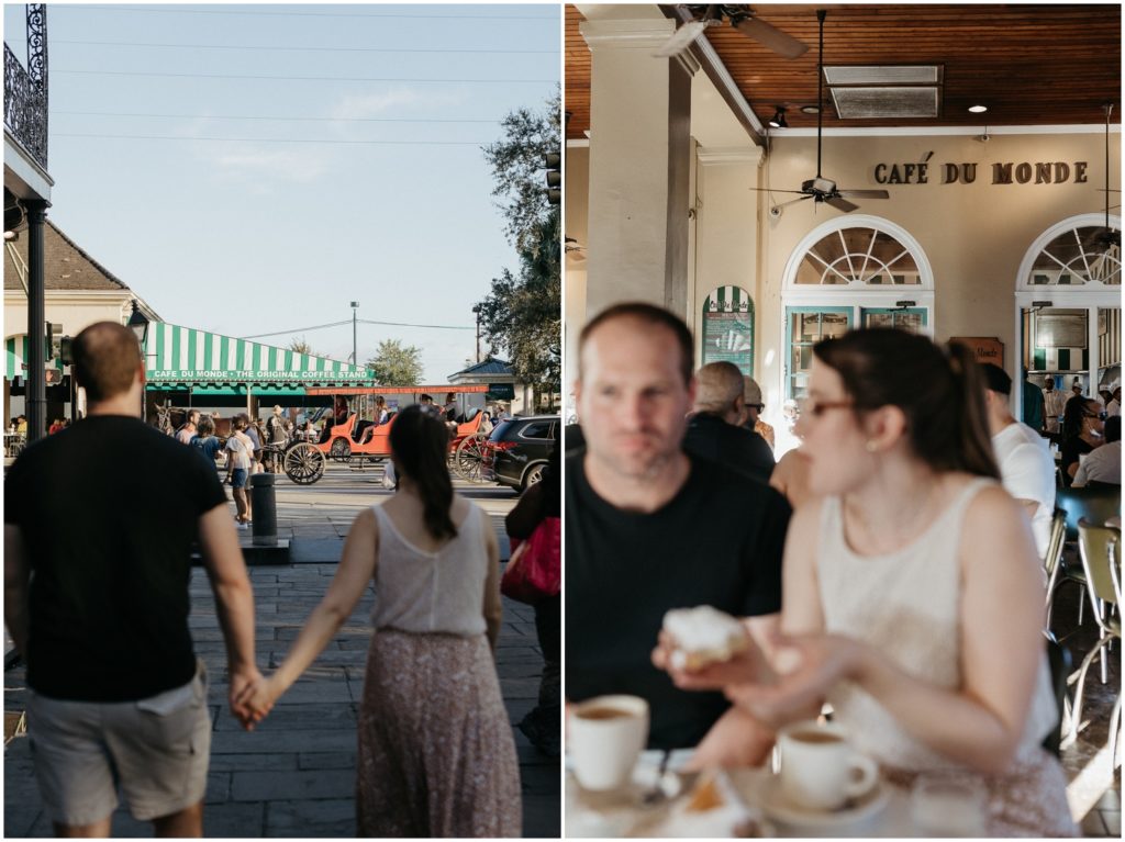 Lauren and Eric hold hands and cross Decatur Street towards the green and white awning of Cafe Du Monde.