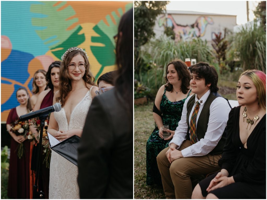 Guests tear up watching the winter wedding ceremony.