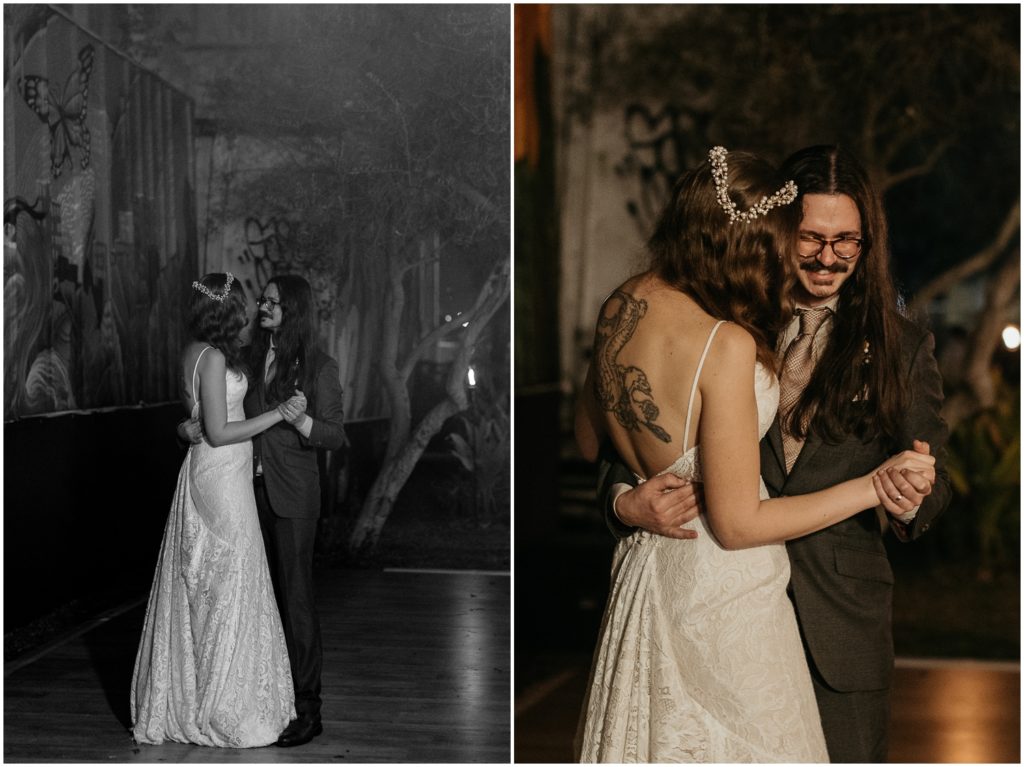 A bride and groom share the first dance at their outdoor wedding in New Orleans.