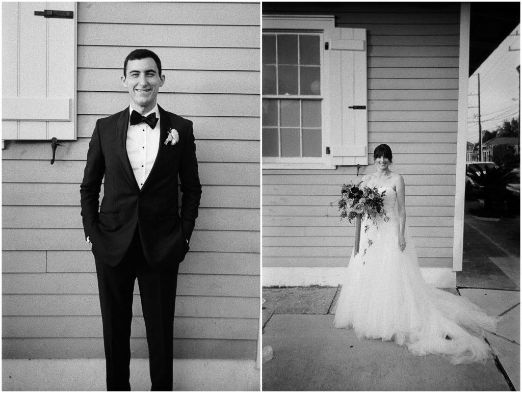 A bride and groom pose for individual black and white portraits taken on disposable cameras for weddings.