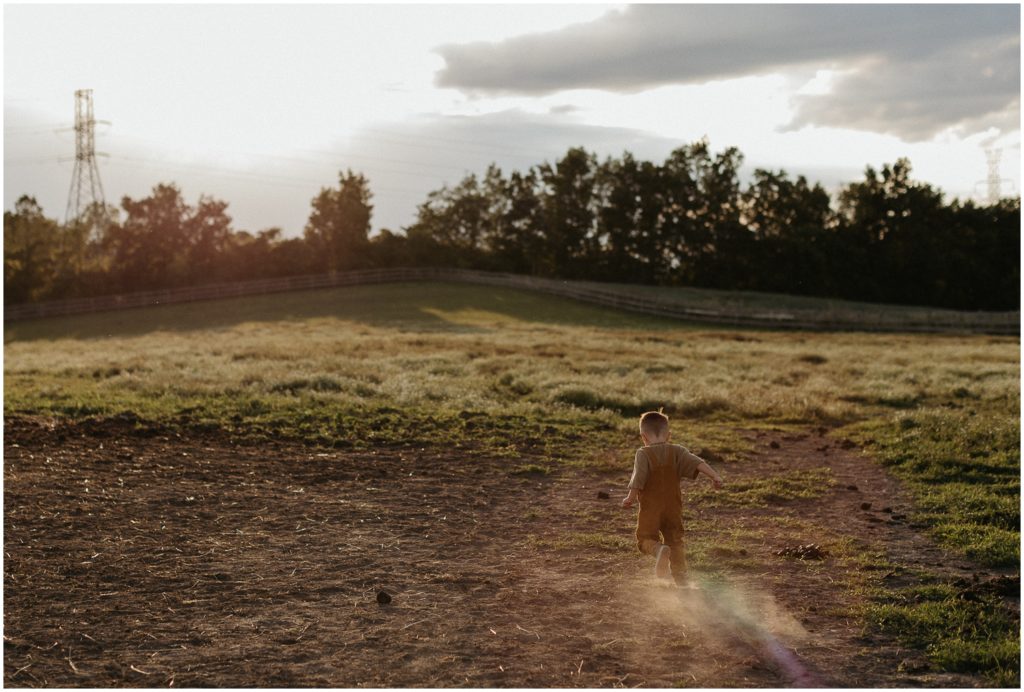 Silas runs into a field at sunset.