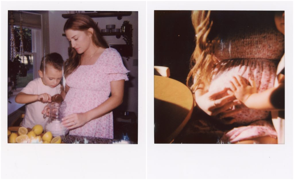 Cara and Silas make lemonade in Polaroid maternity photos.