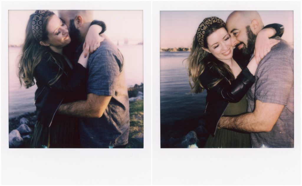 Omar and Anastasia pose for Polaroid engagement photos.