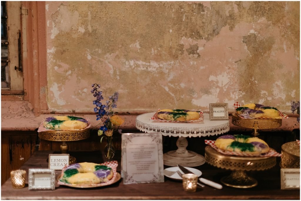 King cakes sit on a table at a New Orleans wedding venue.
