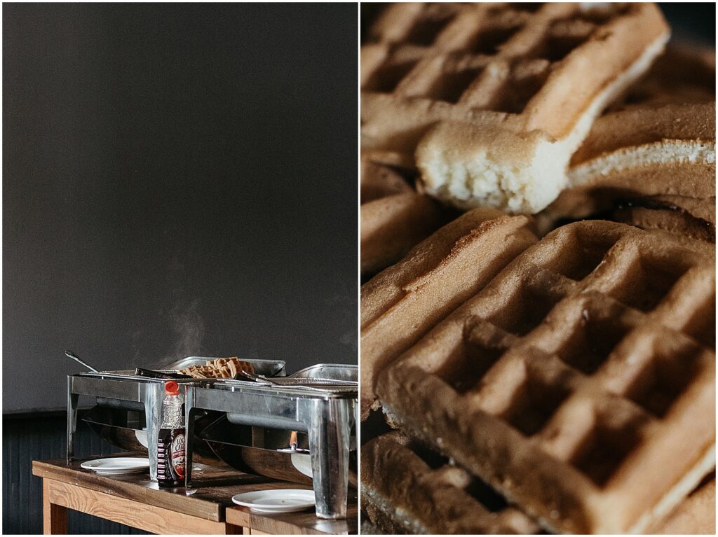 A waffle bar sits on a sideboard for a morning wedding brunch.